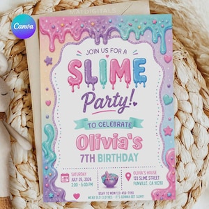 Könnte beinhalten: Eine farbenfrohe Einladung zu einer Geburtstagsparty zum Thema Schleim. Die Einladung zeigt den Text "Feiert mit uns eine Schleimparty!" und "Olivias 7. Geburtstag". Das Design umfasst Pastellfarben und dekorative Elemente.