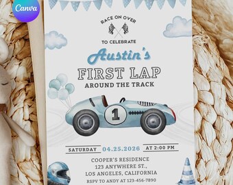 Race Car First Birthday Invitation, Editable Template (Digital Download)
