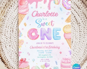 Sweet One Birthday Invitation, 1st Birthday Girl Invitation, Pastel Dessert Candy Sweet Invite,