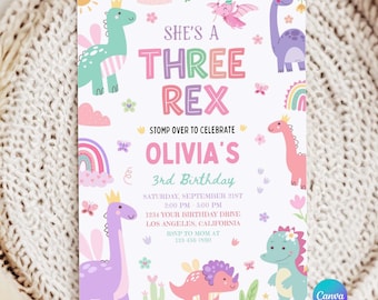 She's a Three Rex Dino Party Invite, Dinosaur 3rd Birthday Invite, Pink Dinosaur Third Birthday Party Invitation