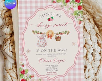 Strawberry Baby Shower Invitation, Editable Pink Invite, Someone Berry Sweet Is on The Way