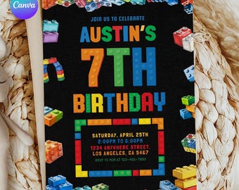 Editable Building Blocks Seventh Birthday Invite, 7th Birthday Boy Invite, Blocks Birthday Template