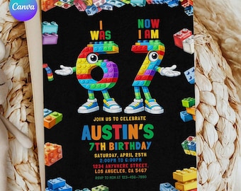 Six Seven Birthday Invitation, 7th Kids Brick Theme Party, Building Blocks Birthday Template