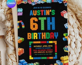 Building Blocks Sixth Birthday Invite, 6th Kids Brick Theme Party, Blocks Birthday Invitation Template