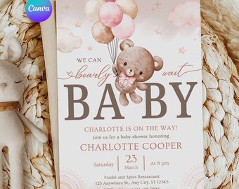 We Can Bearly Wait Baby Shower Invite, Teddy Bear Baby Shower Invite, Editable Canva Template