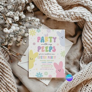 May include: A pastel pink and yellow Easter party invitation with a cartoon Peep character and the text "Party with my Peeps, Join us for an Easter Party".