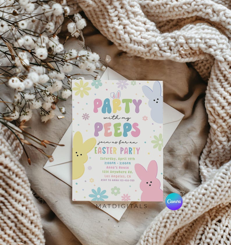 May include: A pastel pink and yellow Easter party invitation with a cartoon Peep character and the text "Party with my Peeps, Join us for an Easter Party".