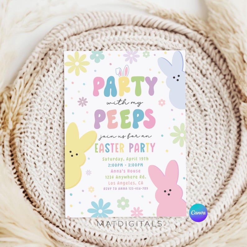 May include: A colorful printable invitation for an Easter party with the text "Party with my PEEPS join us for an EASTER PARTY" and details for the event, including the date, time, location, and RSVP information.