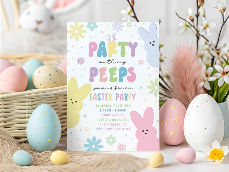 Easter Egg Hunt Invitation, Easter Bunny Invitation, Party With My Peeps Invitation, Editable Easter Party Invite image 1