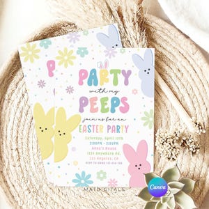 May include: A pastel pink, yellow, and blue Easter party invitation with a colorful floral pattern and the text "Party with my Peeps, Join us for an Easter Party".