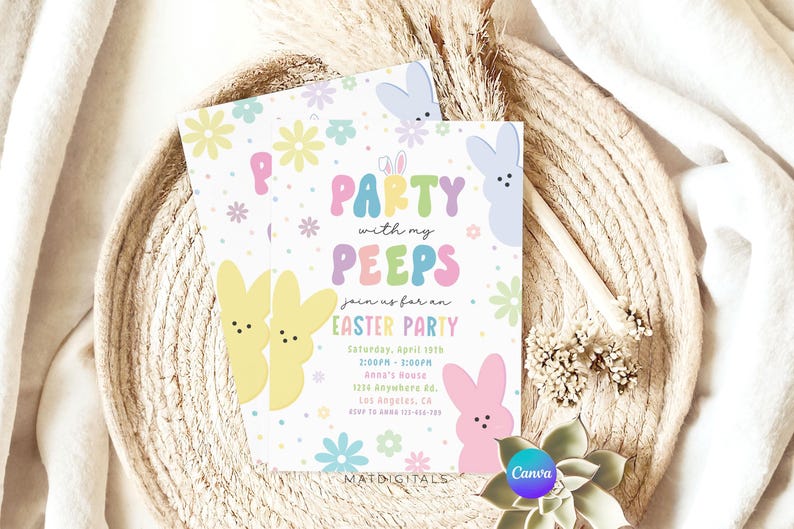May include: A pastel pink, yellow, and blue Easter party invitation with a colorful floral pattern and the text "Party with my Peeps, Join us for an Easter Party".