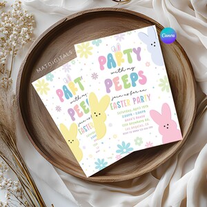 May include: A printable invitation for an Easter party with a pastel color scheme and a cartoon Peep character. The invitation says "Party with my Peeps, Join us for an Easter Party".