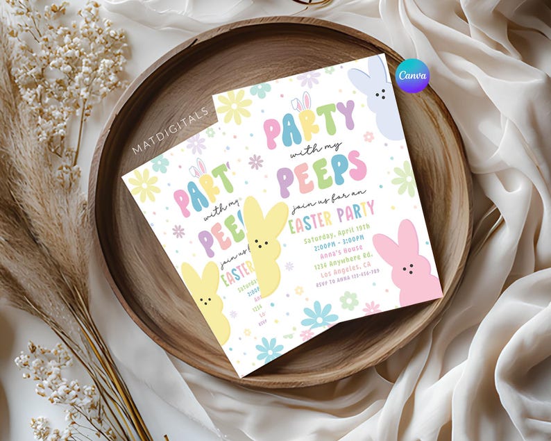 May include: A printable invitation for an Easter party with a pastel color scheme and a cartoon Peep character. The invitation says "Party with my Peeps, Join us for an Easter Party".