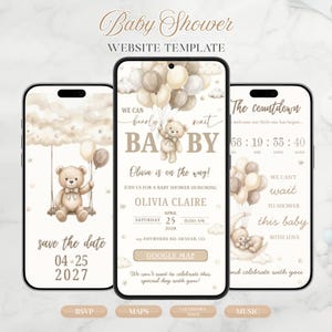 Pode incluir: Três telas de smartphone exibindo um modelo de site para chá de bebê com tema de ursinho. O design apresenta balões beges e marrons, nuvens, estrelas e texto incluindo "We can bearly wait", "Olivia Claire" e "Save the date".