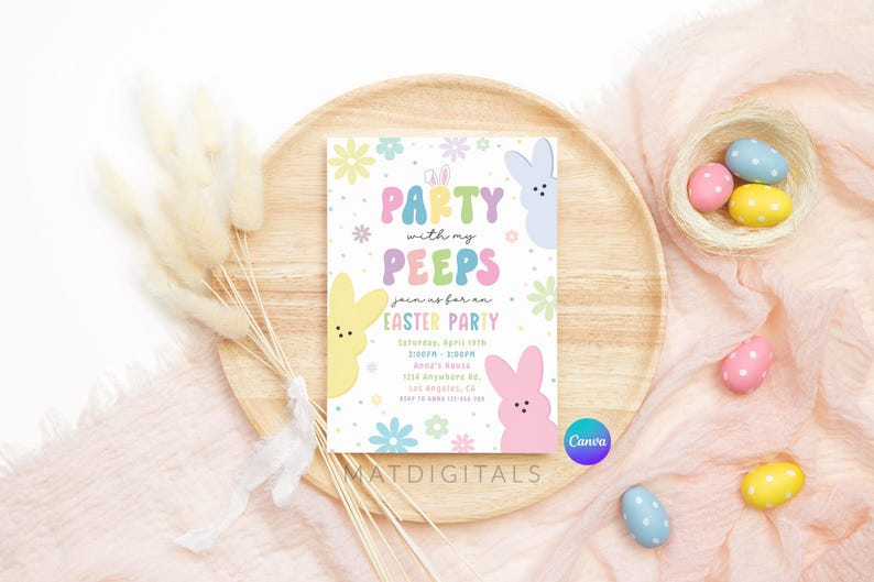 May include: A colorful Easter party invitation with a whimsical design featuring cartoon peeps and the text "All Party with my Peeps Join us for an Easter Party".