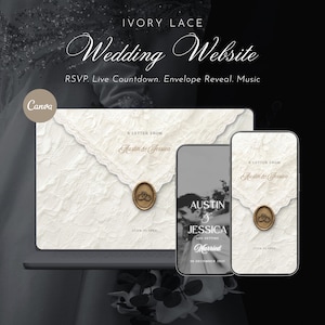 May include: A digital wedding website template displayed on a laptop and two smartphones. The design features an ivory lace envelope with a wax seal, text reading A LETTER FROM Austin & Jessica, and a black and white photo of a couple.