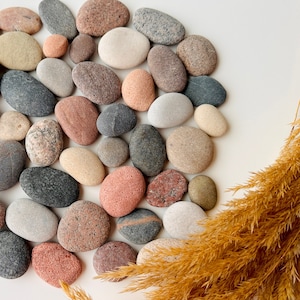 Puede incluir: Una colección de piedras lisas y coloridas en varios tonos de gris, marrón, rosa y blanco. Las piedras están dispuestas en círculo sobre un fondo blanco.