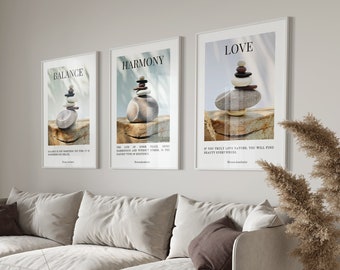 Zen wall art print bedroom, Japandi wall art set of 3, nature prints with quote, boho shelf decor aesthetic, therapy office decor, wabi sabi