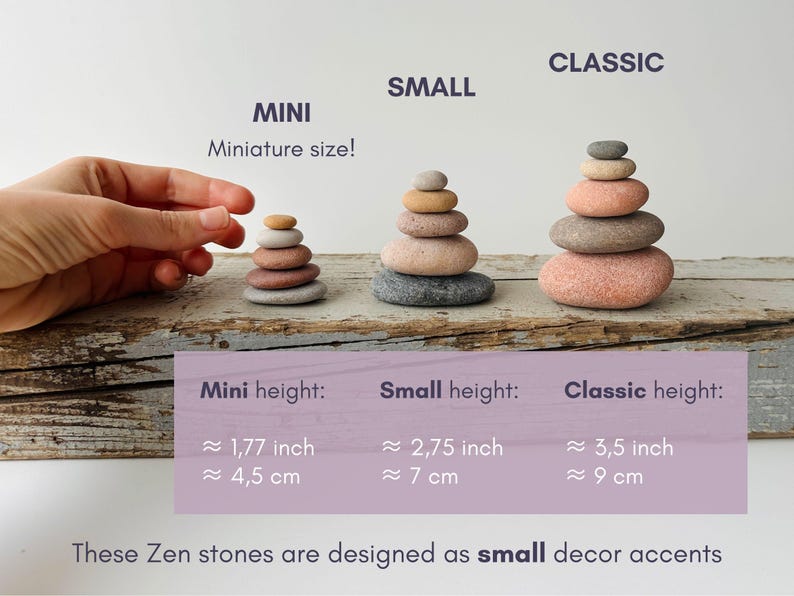 May include: Three stacks of smooth, rounded stones labeled Mini, Small, and Classic. The Mini stack is 1.77 inches tall, the Small stack is 2.75 inches tall, and the Classic stack is 3.5 inches tall. The stones are various shades of gray, tan, and pink.