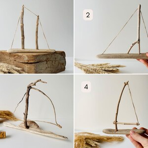 Puede incluir: Esculturas de veleros de madera flotante. Los veleros est&aacute;n hechos de madera natural y cuerda. Los veleros se exhiben sobre un bloque de madera y una superficie blanca. Los veleros son de color marr&oacute;n claro.