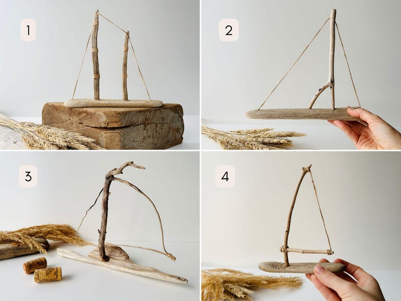 Puede incluir: Esculturas de veleros de madera flotante. Los veleros est&aacute;n hechos de madera natural y cuerda. Los veleros se exhiben sobre un bloque de madera y una superficie blanca. Los veleros son de color marr&oacute;n claro.