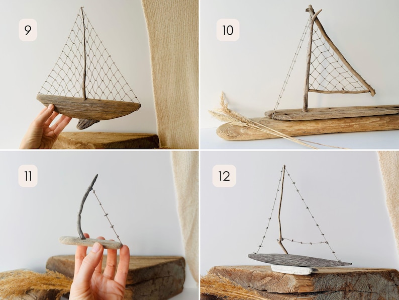 Puede incluir: Una colecci&oacute;n de veleros artesanales de madera flotante. Cada barco presenta un dise&ntilde;o &uacute;nico, con velas hechas de red o madera, y diferentes formas de casco. Los tonos y texturas naturales de la madera crean una est&eacute;tica r&uacute;stica y n&aacute;utica, ideal para la decoraci&oacute;n costera.