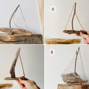 Puede incluir: Esculturas de veleros de madera flotante. Cada escultura presenta un dise&ntilde;o &uacute;nico, con piezas de madera natural que forman el casco, el m&aacute;stil y la vela. Las velas son de madera o red. Decoraciones n&aacute;uticas.