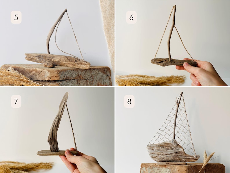 Puede incluir: Esculturas de veleros de madera flotante. Cada escultura presenta un dise&ntilde;o &uacute;nico, con piezas de madera natural que forman el casco, el m&aacute;stil y la vela. Las velas son de madera o red. Decoraciones n&aacute;uticas.