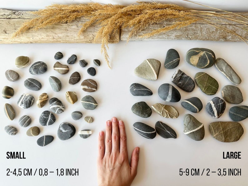 May include: A collection of smooth, gray and tan river stones with white stripes, arranged in two groups labeled "SMALL" and "LARGE". The small stones measure 0.8 to 1.8 inches, and the large stones measure 2 to 3.5 inches. Dried grasses are in the background.