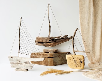 Coastal desk decor, wood accent for house, small shelf decor men, driftwood boat, fisher gift ideas, home decor items boho, seaside decor