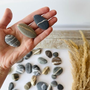May include: A collection of small, smooth stones in various shades of gray, brown, and beige. Some stones have white or gold stripes. The word "SMALL" is in the upper left corner. The stones are displayed on a white surface.