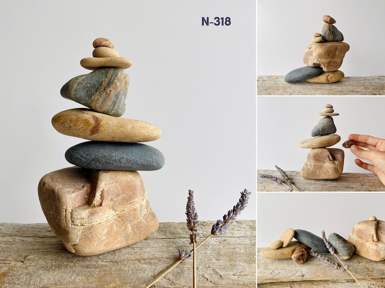 Puede incluir: Una escultura de equilibrio de piedras hecha con piedras de varios tama&ntilde;os y colores. La escultura est&aacute; equilibrada sobre una superficie de madera con espigas de lavanda secas. La imagen tambi&eacute;n muestra vistas de cerca de la escultura desde diferentes &aacute;ngulos.