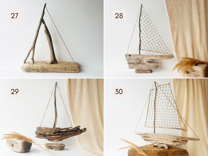 Puede incluir: Esculturas de veleros de madera flotante. Cada escultura presenta un dise&ntilde;o &uacute;nico con elementos de madera natural, incluyendo una base, m&aacute;stil y vela de madera. Las velas son de madera o red. Decoraciones n&aacute;uticas para la decoraci&oacute;n costera.