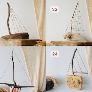 Puede incluir: Una colecci&oacute;n de cuatro esculturas de veleros de madera hechas a mano. Cada barco presenta un dise&ntilde;o &uacute;nico, con velas de madera y alambre, montadas sobre bases de madera. Los tonos y texturas naturales de la madera crean una est&eacute;tica r&uacute;stica y n&aacute;utica.