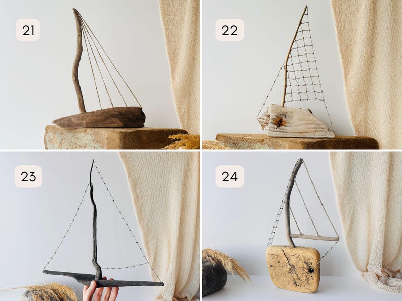 Puede incluir: Una colecci&oacute;n de cuatro esculturas de veleros de madera hechas a mano. Cada barco presenta un dise&ntilde;o &uacute;nico, con velas de madera y alambre, montadas sobre bases de madera. Los tonos y texturas naturales de la madera crean una est&eacute;tica r&uacute;stica y n&aacute;utica.