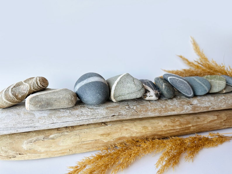 May include: A collection of smooth, gray and tan river stones with various patterns, including stripes and swirls, arranged on weathered driftwood. Dried grasses add a natural, earthy aesthetic. The stones vary in size and shape.