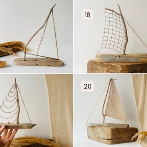 Puede incluir: Colecci&oacute;n de esculturas de veleros de madera hechas a mano. Cada barco presenta un dise&ntilde;o &uacute;nico, con velas hechas de diversos materiales como red y tela. Los barcos est&aacute;n montados sobre bases de madera, mostrando la veta natural.
