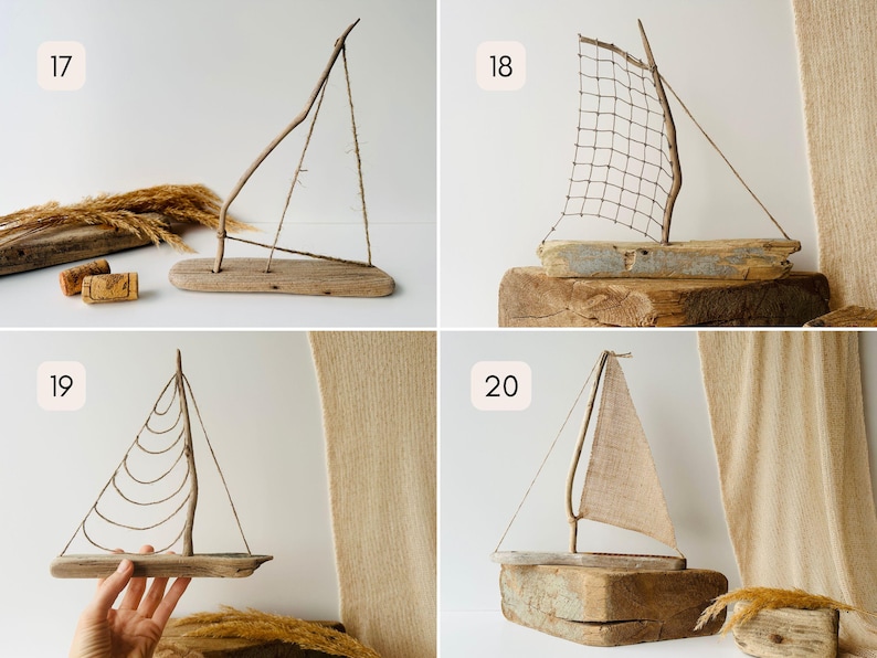 Puede incluir: Colecci&oacute;n de esculturas de veleros de madera hechas a mano. Cada barco presenta un dise&ntilde;o &uacute;nico, con velas hechas de diversos materiales como red y tela. Los barcos est&aacute;n montados sobre bases de madera, mostrando la veta natural.