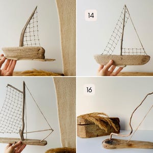 Puede incluir: Esculturas de veleros de madera flotante con velas de malla de alambre. Los barcos r&uacute;sticos est&aacute;n hechos de madera natural y alambre, con dise&ntilde;os de velas variables. Ideales para decoraci&oacute;n n&aacute;utica y temas costeros.