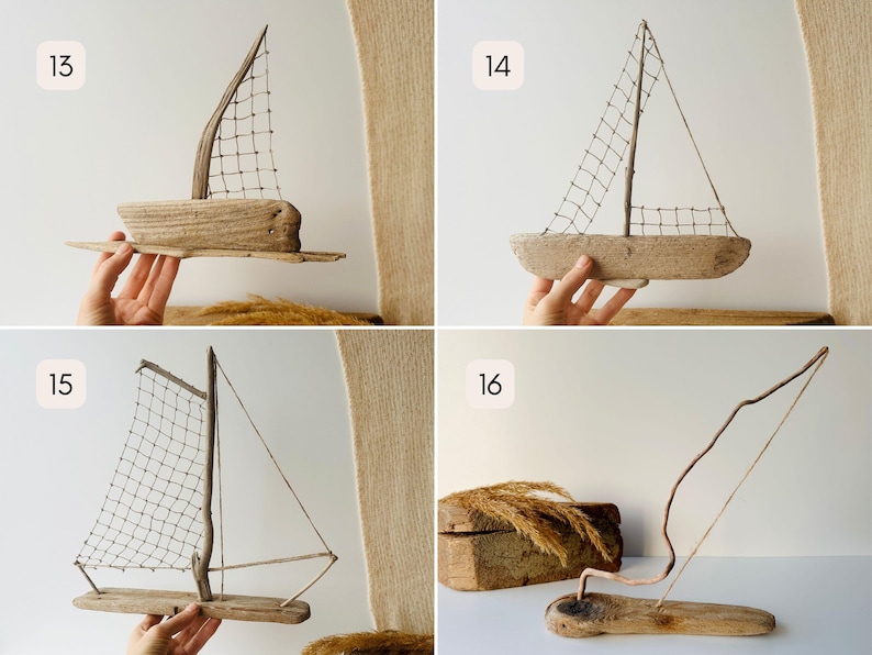 Puede incluir: Esculturas de veleros de madera flotante con velas de malla de alambre. Los barcos r&uacute;sticos est&aacute;n hechos de madera natural y alambre, con dise&ntilde;os de velas variables. Ideales para decoraci&oacute;n n&aacute;utica y temas costeros.