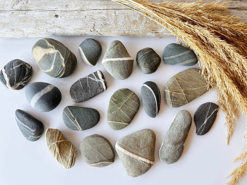May include: An assortment of smooth, gray stones with white and light gray veining. The stones vary in shape and size, and some have a single white stripe. Dried wheat stalks are arranged on the right side of the image.