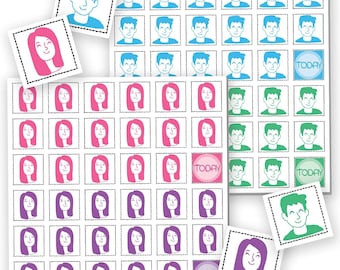 May include: Sheets of stickers with illustrated faces in blue, pink, green, and purple. Each face is in a square with a dotted border. Some stickers have the word "TODAY" in a circle. Several loose stickers are scattered around the sheets.