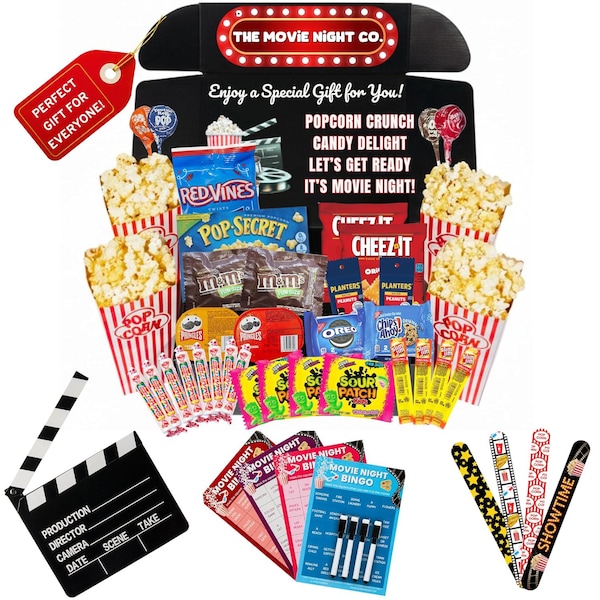 Movie Night Gift Box | 42 Pieces of Snacks, Candy, Popcorn, Bingo & Clapboard