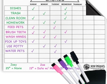 May include: A white magnetic chore chart with a grid for daily tasks, including dishes, trash, and homework. Includes green, purple, pink, and black dry-erase markers and an eraser. The chart has the text "CHORES" at the top.