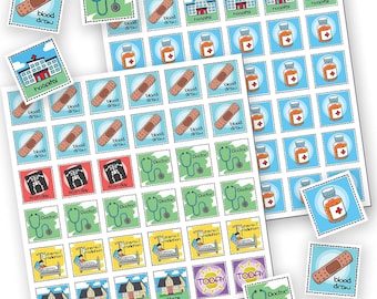 May include: A collection of colorful medical-themed stickers featuring illustrations of a hospital, doctor's stethoscope, medicine bottles, bandages, and X-ray images. The stickers have text labels like "blood draw" and "hospital".