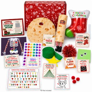 May include: A Christmas-themed activity kit featuring a red box with white snowflakes, a tortilla-wrapped elf doll, a foil stocking balloon, various printed cards with holiday messages, a skeleton graphic, star stickers, green crepe paper, and a secret code puzzle sheet.
