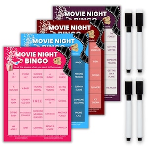 Movie Night Bingo Set - 4 Reusable Bingo Cards with Dry Erase Markers - Fun Family Game for Any Genre - Make Movie Nights Unforgettable!