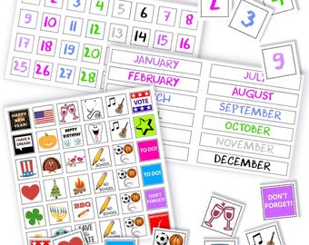 May include: A collection of white calendar cards and stickers with colorful text and illustrations. The cards include months, numbers, and various icons like a heart, star, and guitar. The stickers say "To Do!" and "Don't Forget!"
