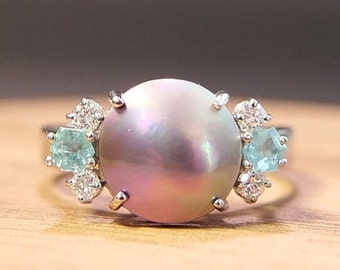 A Glow from the Deep - Sea of Cortez Mabe Pearl, Apatite and Diamond Ring Size 7
