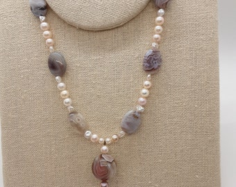 Botswana Agate and Pearl Necklace